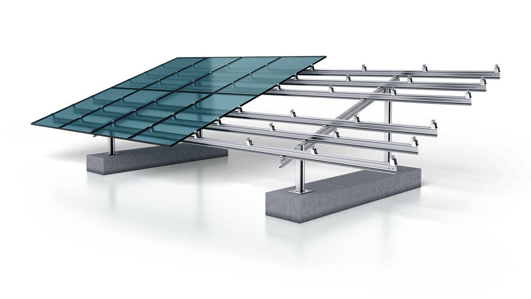 A solar panel mount system with metal frames and glass panels installed on concrete blocks.