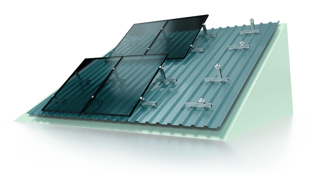 A corrugated metal roof with solar panels installed on top.