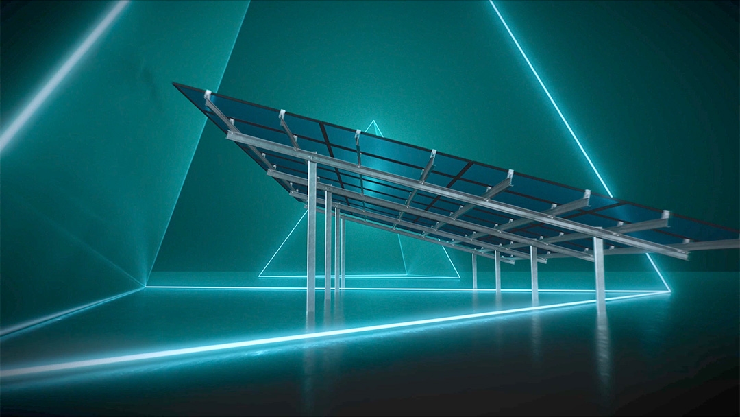A geometric art installation featuring illuminated triangular shapes and an abstract structure with metallic beams and dark panels against a teal background.