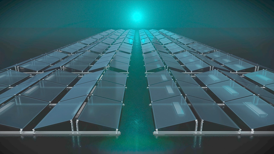 Rows of reflective solar panels under a bright blue light in the center background, arranged in a symmetrical pattern.