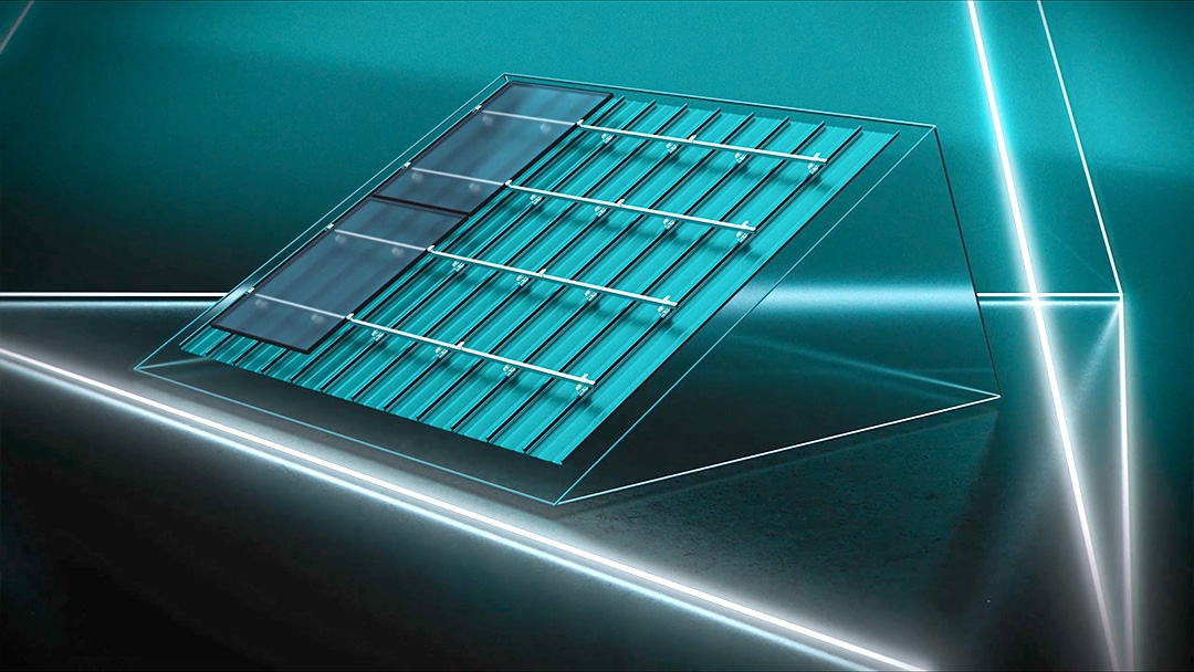 A pyramid-shaped, transparent solar panel structure with multiple horizontal rods inside, set against a neon-lit background.