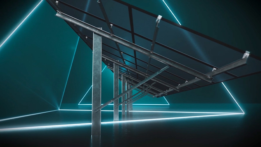 A futuristic, illuminated display features multiple angular metal structures and triangular patterns, with glowing blue and white neon lights in the background on a reflective surface.