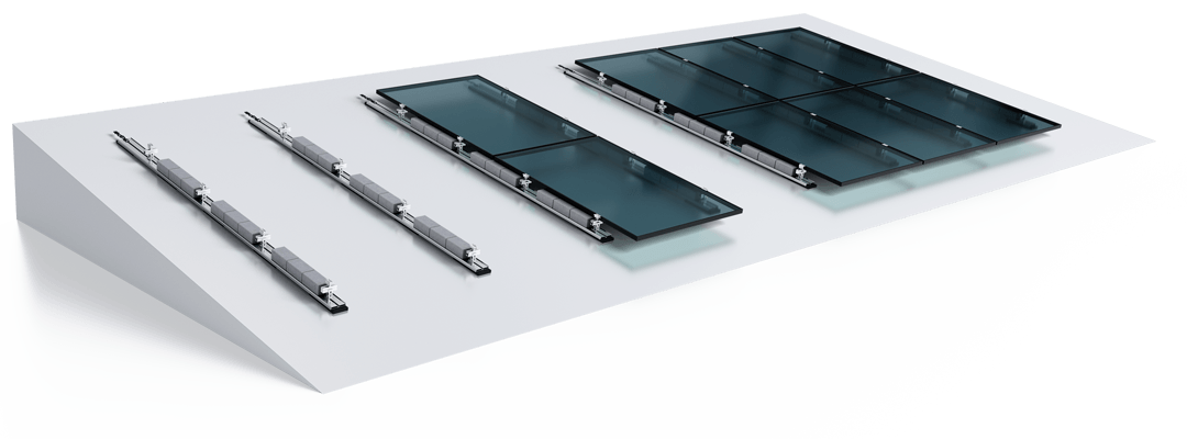Image showing disassembled components of a modular system with multiple flat rectangular panels and linear connecting parts laid on a surface.