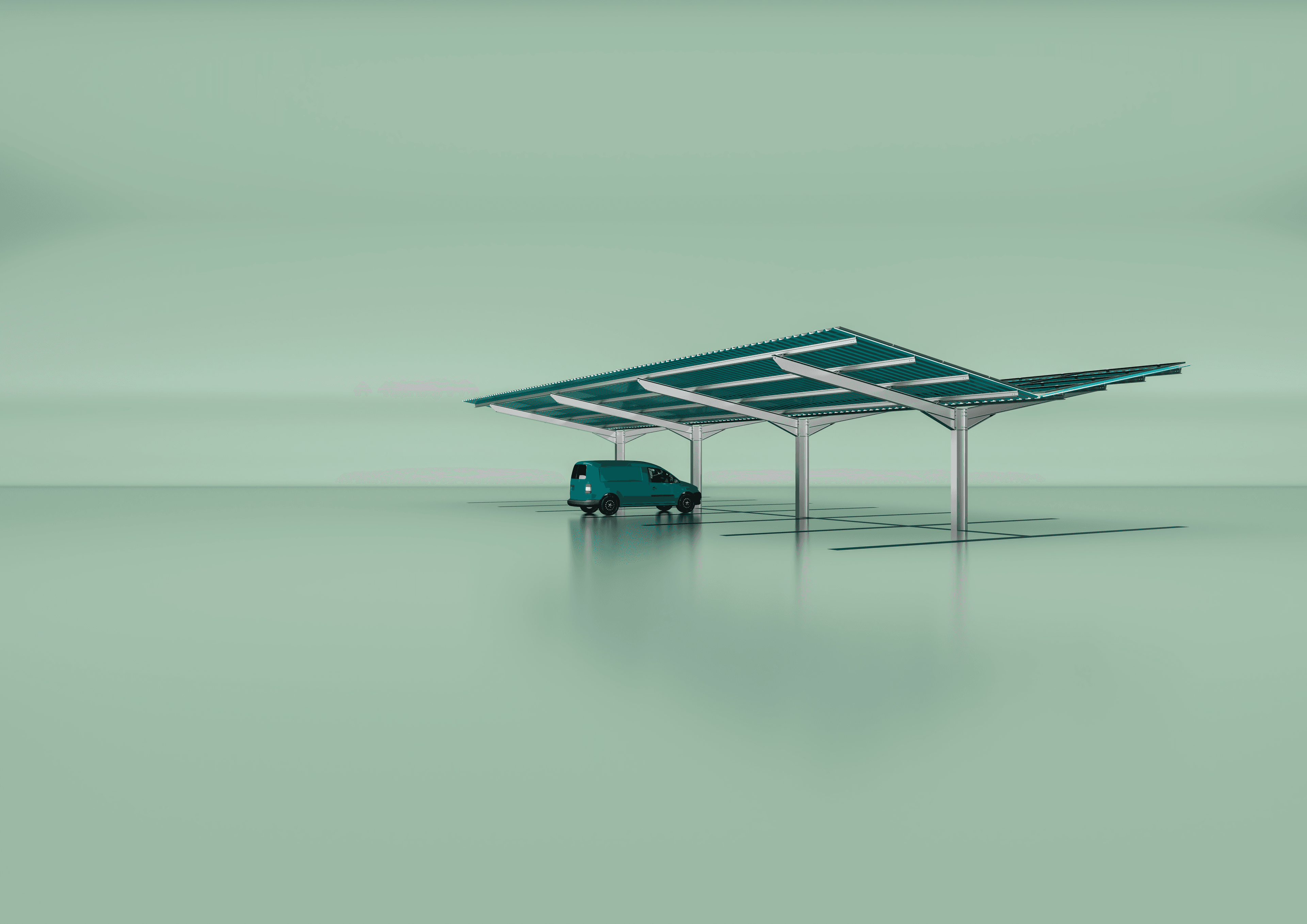 A single van is parked under a solar panel carport in a minimalist, green-hued setting.