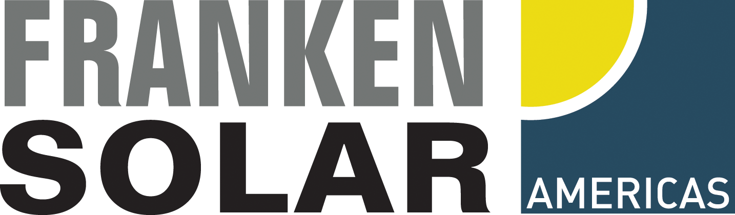 Franken Solar Americas logo with serif gray text "FRANKEN" and bold black text "SOLAR" against a white background; "AMERICAS" in white font on a dark blue section with a yellow semicircle.