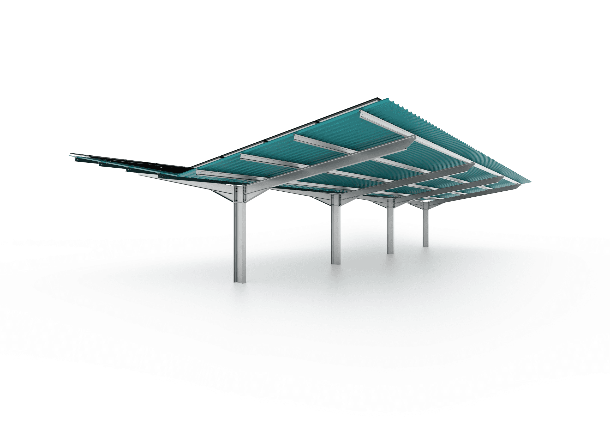 A metal structure with a corrugated green roof, supported by several vertical metal posts.