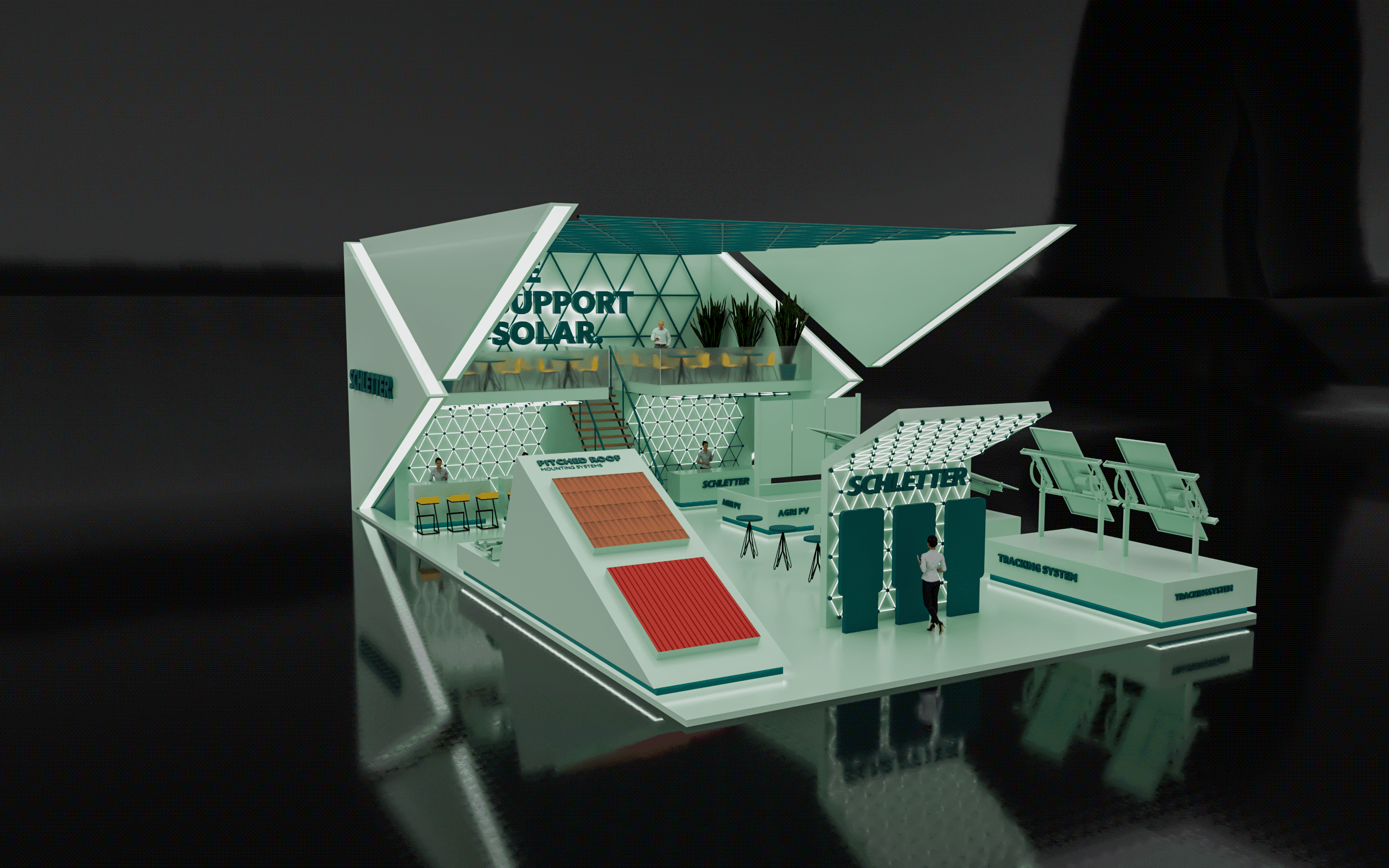 Modern exhibition booth with a geometric design, featuring a "Support Solar!" sign, seating area, solar panel displays, and informational posters. Color scheme includes white and green accents.