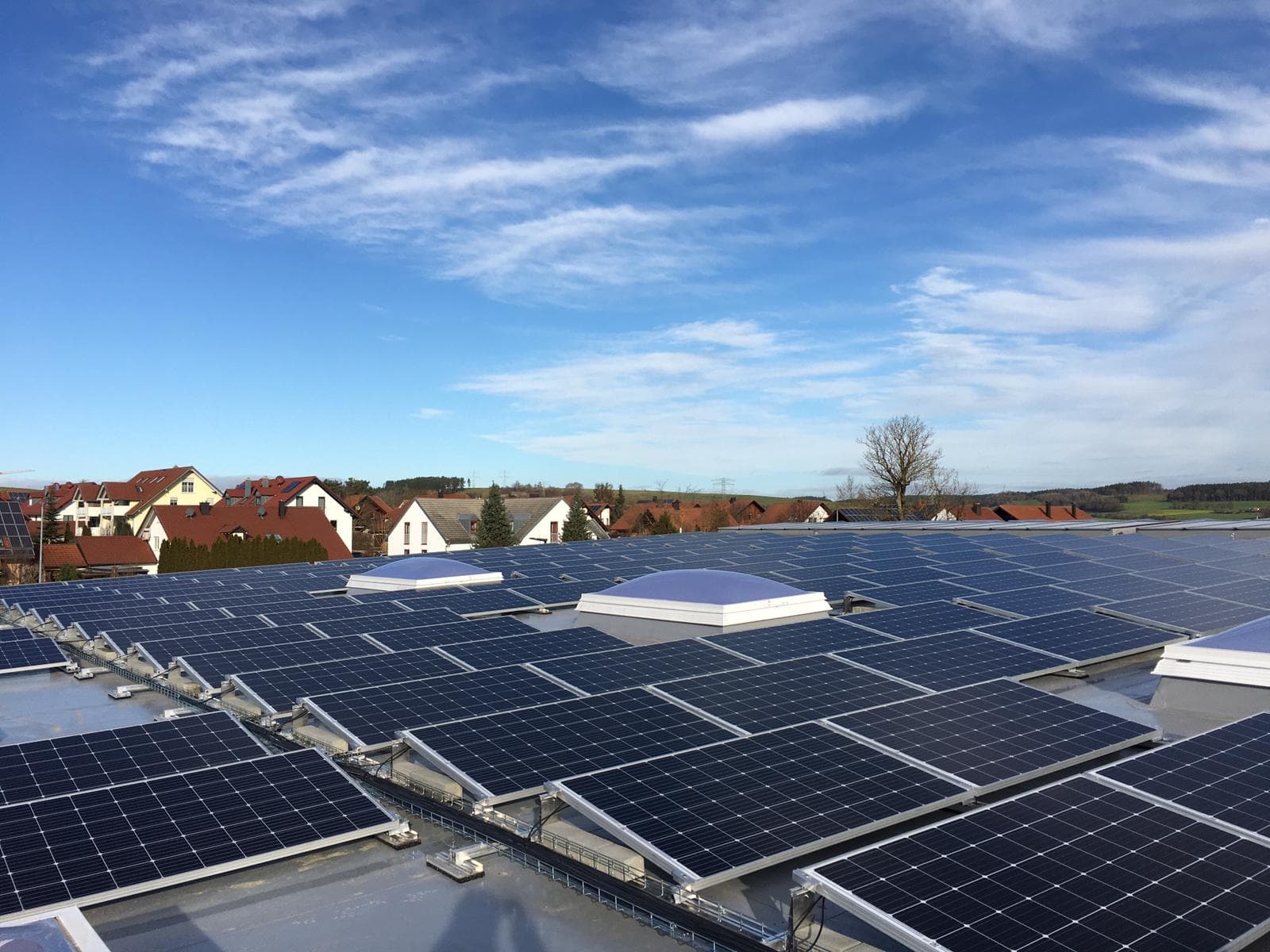 Solar panels cover a rooftop under a clear blue sky, with residential houses and a tree visible in the background.
