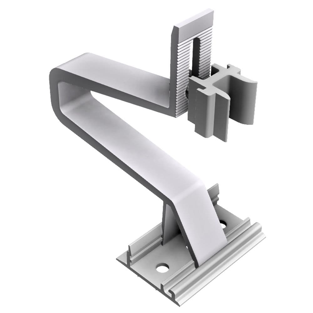 A metal solar panel roof mounting bracket with an adjustable clamp and curved arm, designed for attaching solar panels to a mounting rail system.