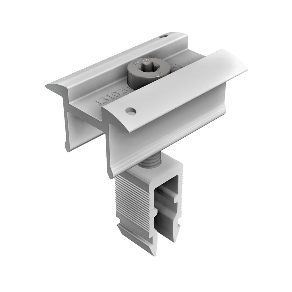 A metallic clamp with a top rail and a screw mechanism for fastening, displayed against a white background.