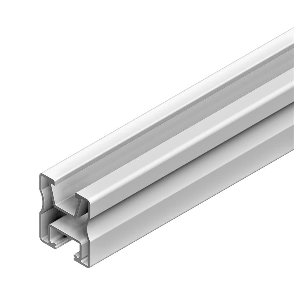 A close-up image of an aluminum profile extrusion segment with a cross-sectional design for industrial or construction applications.
