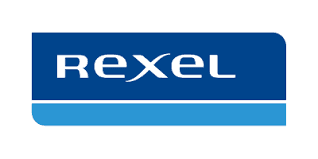 Rexel logo in white text on a blue background with an additional lighter blue bar underneath.