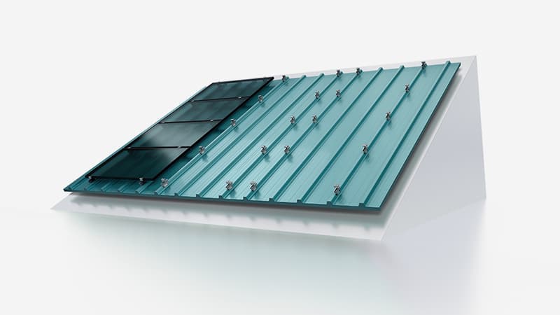 A 3D model of a metal roof with solar panels attached.