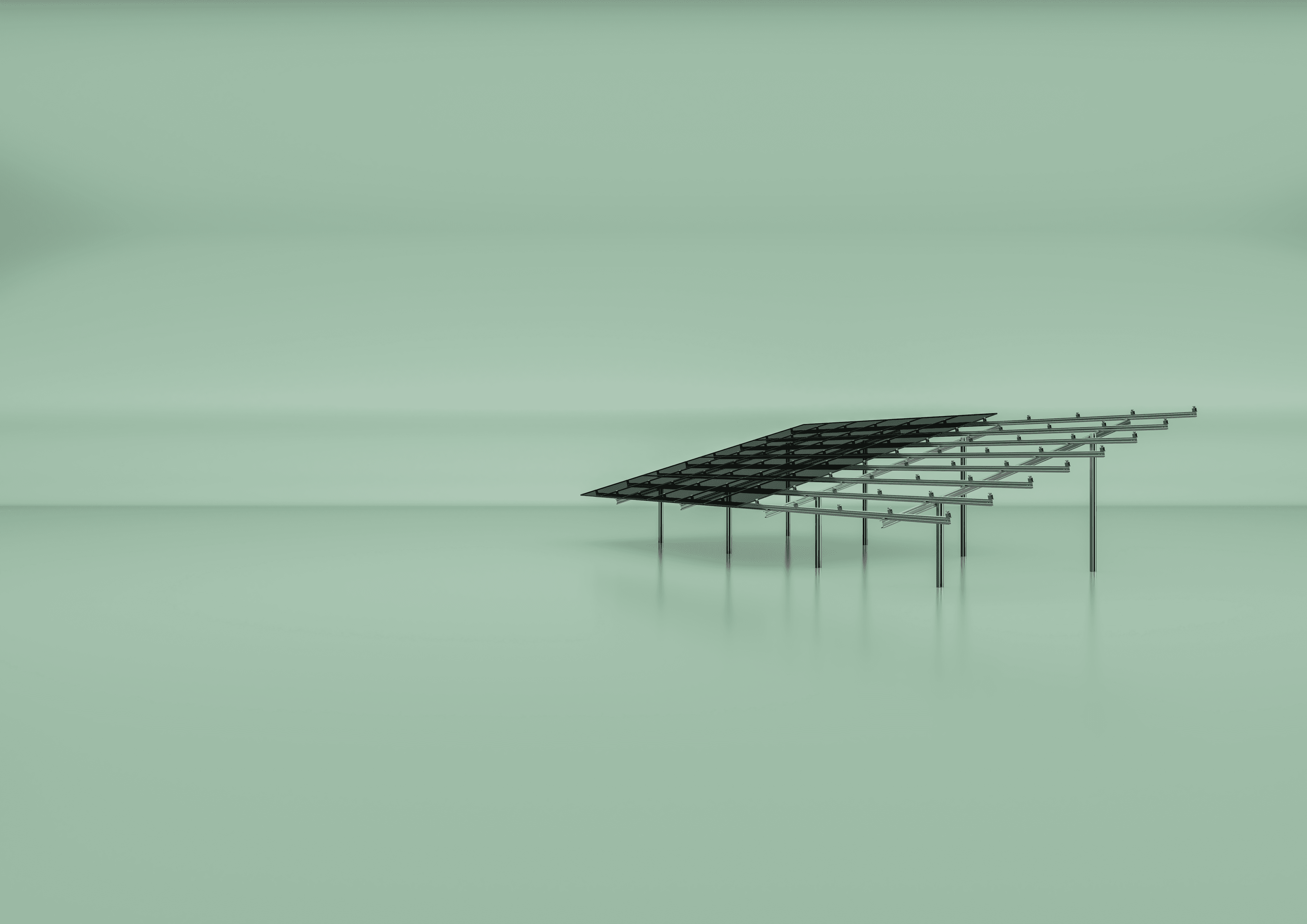 A minimalist rendering of a metal canopy structure on a flat, pale green background. The structure appears to be a framework of interconnected beams, possibly for solar panels.