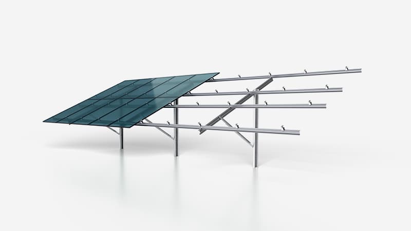 A solar panel mounted on a metal frame structure, angled for optimal sunlight exposure, against a plain white background.