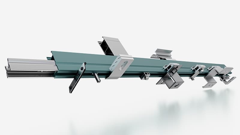 A metal beam with various attached brackets and fittings, designed for structural or construction support, against a white background.