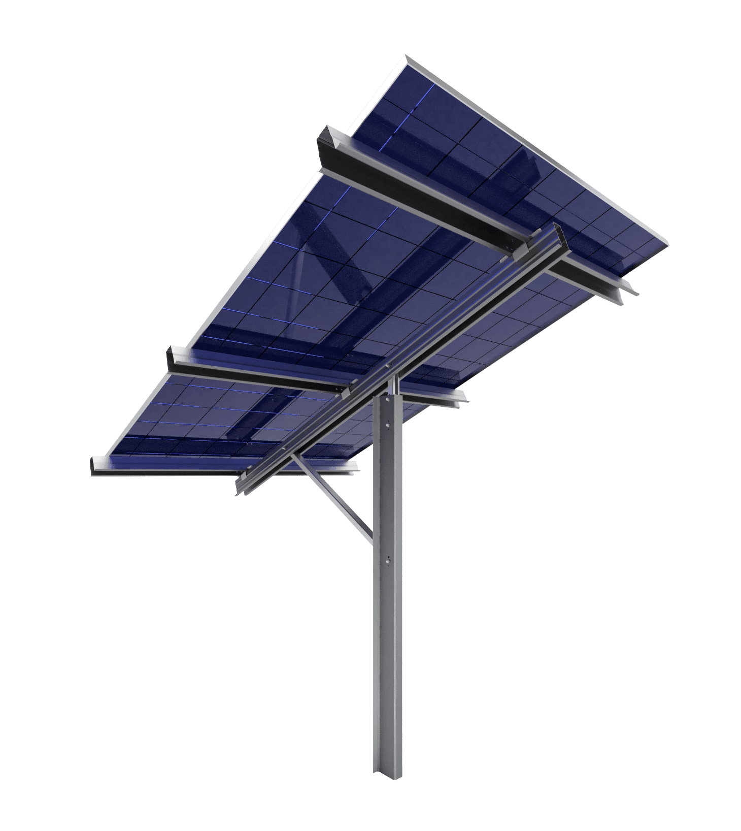 A single solar panel mounted on a metal frame with three supporting beams, designed for capturing and converting solar energy.