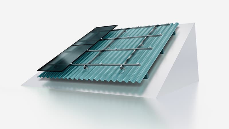 A diagram shows a solar panel installation on a sloped metal roof with metal mounting brackets and rails.