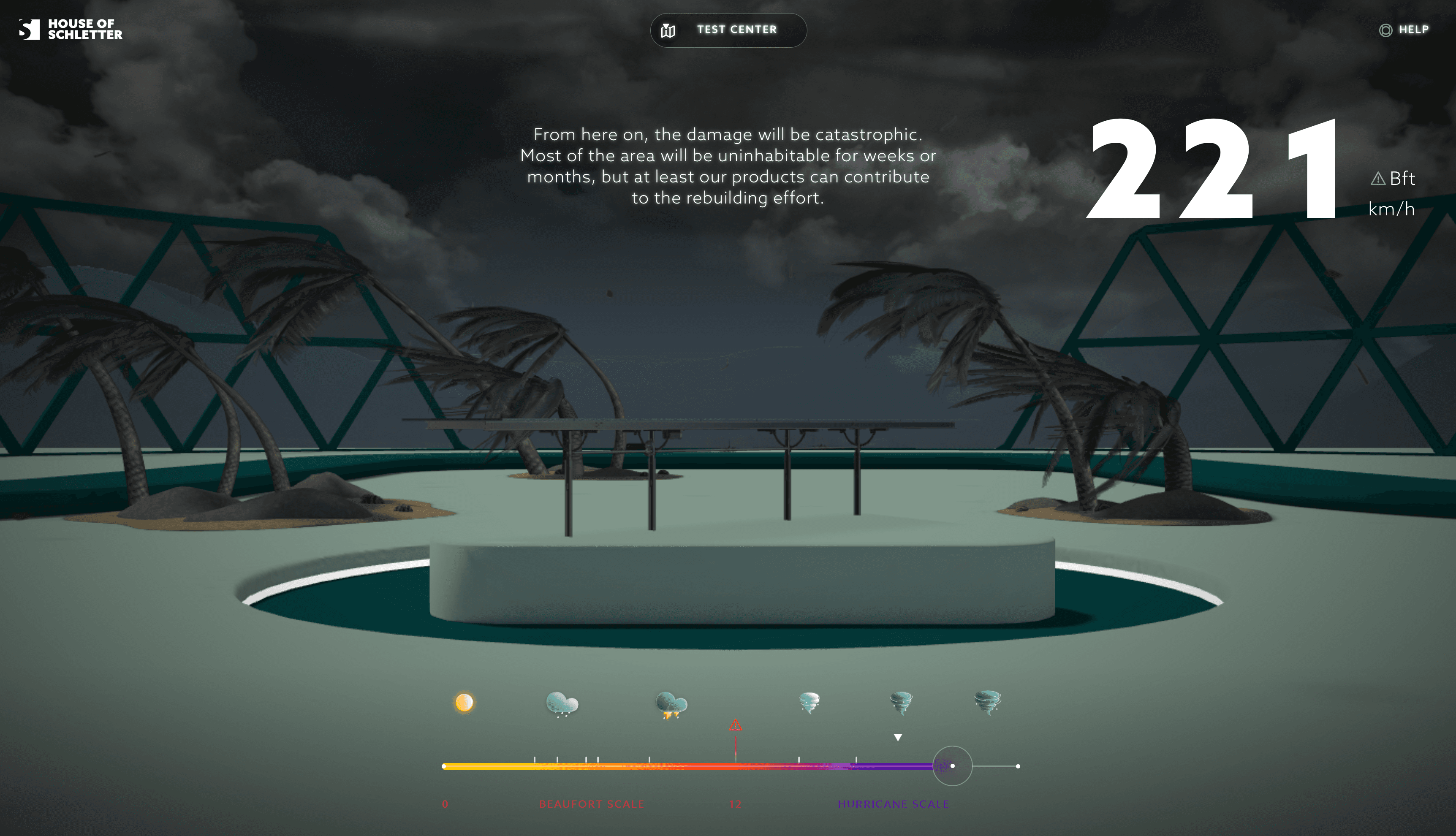 A virtual environment displays damage from strong winds, with palm trees bending, and text indicating catastrophic damage and a wind speed of 221 km/h.