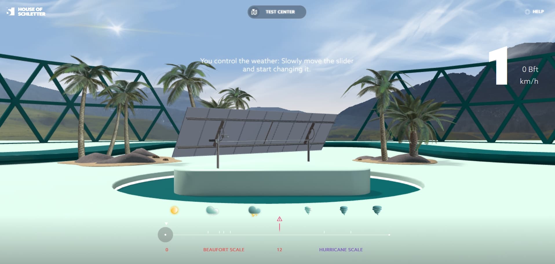 A digital simulator interface showing a sunny day in a futuristic setting with palm trees. Instructions and controls for changing the weather are displayed.
