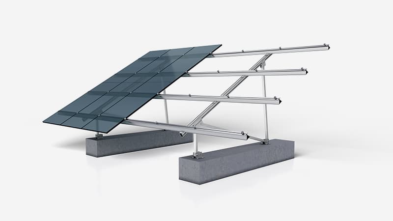 A solar panel mounted on a metal frame with adjustable angles, positioned on a rectangular concrete block base, set against a white background.