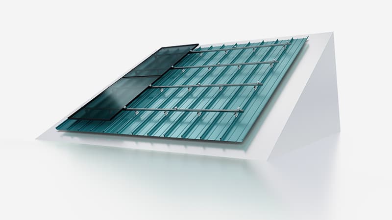 A reflective, two-layer solar panel mounted on a slanted metal roof, designed for efficient energy absorption.