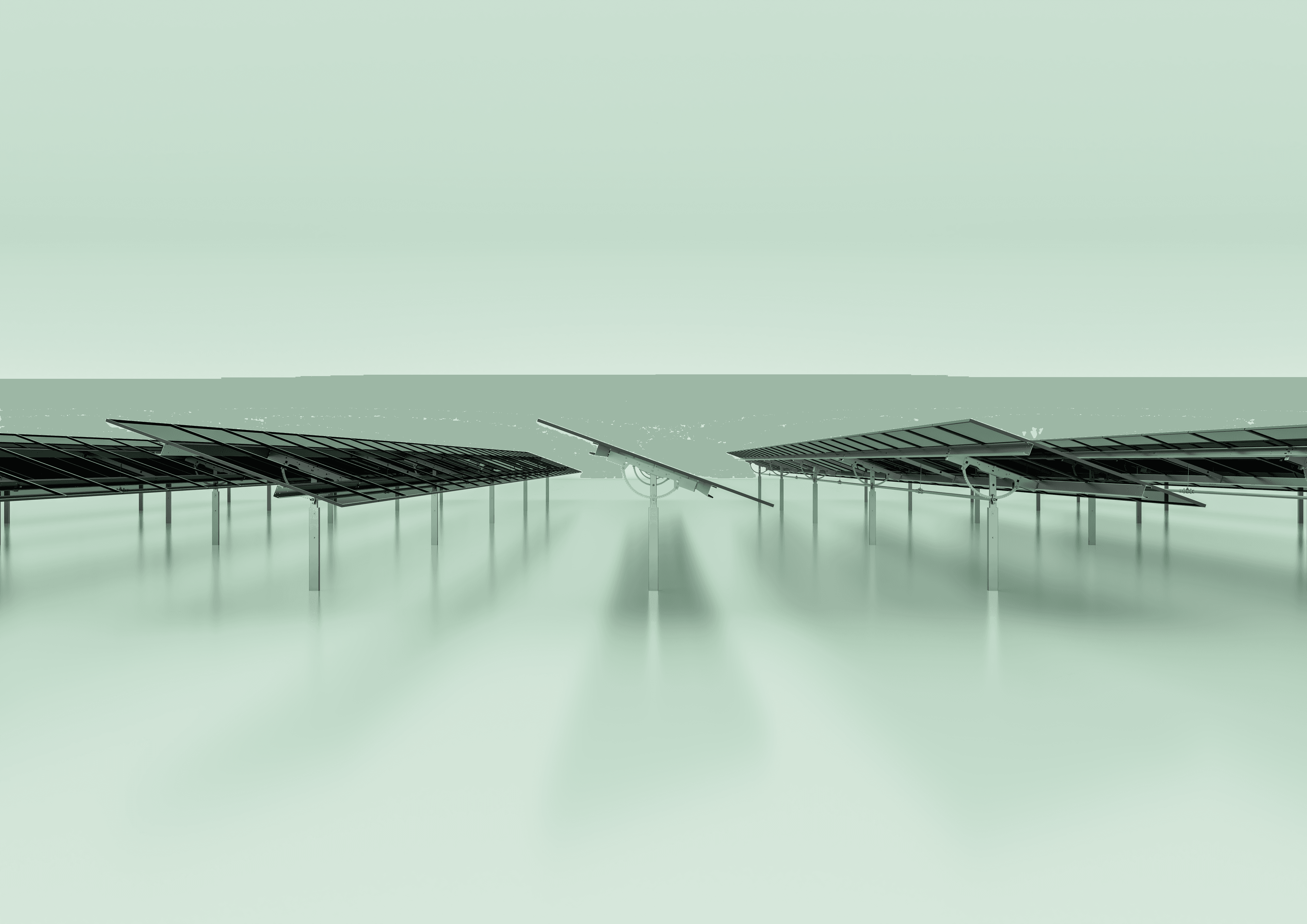 A row of modern solar panels mounted on metal stands, positioned against a light green background.