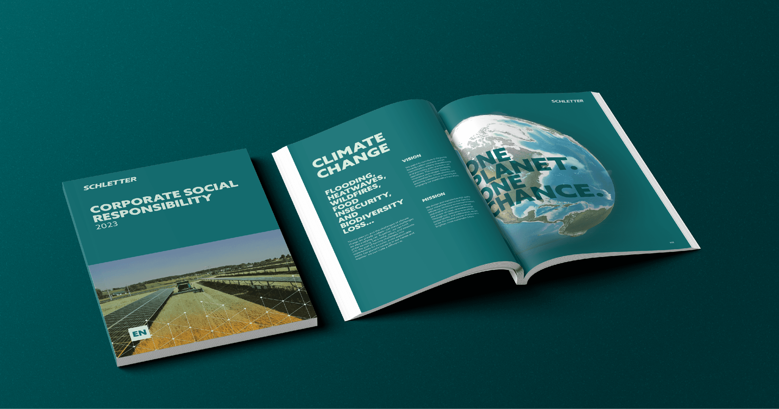 Two booklets titled "Corporate Social Responsibility 2023" are shown on a teal table. One is closed, with a cover showing solar panels, and one is open to pages about climate change, featuring an image of Earth.