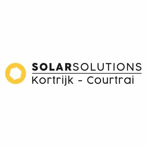 Logo of Solar Solutions Kortrijk-Courtrai, featuring a yellow circle with a white hexagon inside, and black text on a white background.