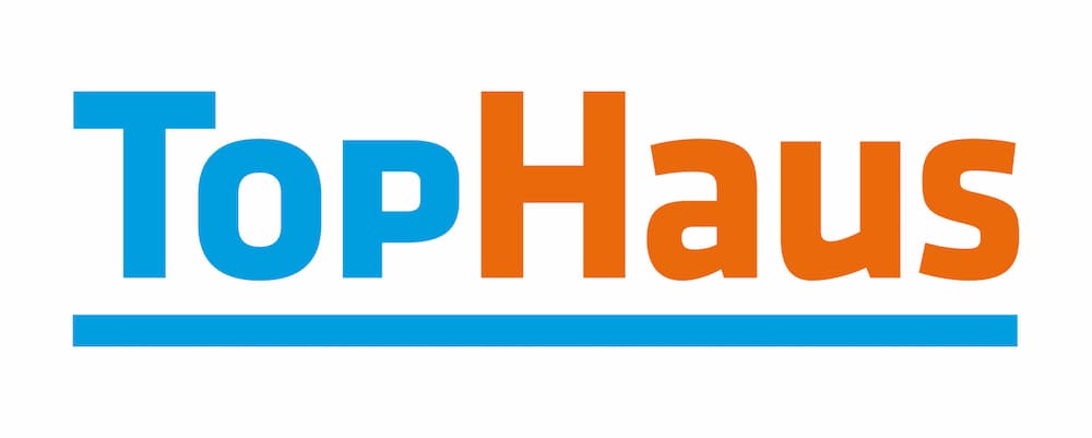 Logo of TopHaus with "Top" in blue and "Haus" in orange, underlined in blue.