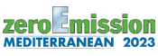 Logo with the text "Zero Emission Mediterranean 2023" in green and blue, with an "E" in "Emission" featuring a cloud pattern.