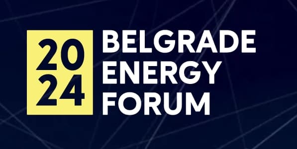 Logo for the 2024 Belgrade Energy Forum featuring the event name and year displayed in bold white text against a dark background with abstract line patterns.