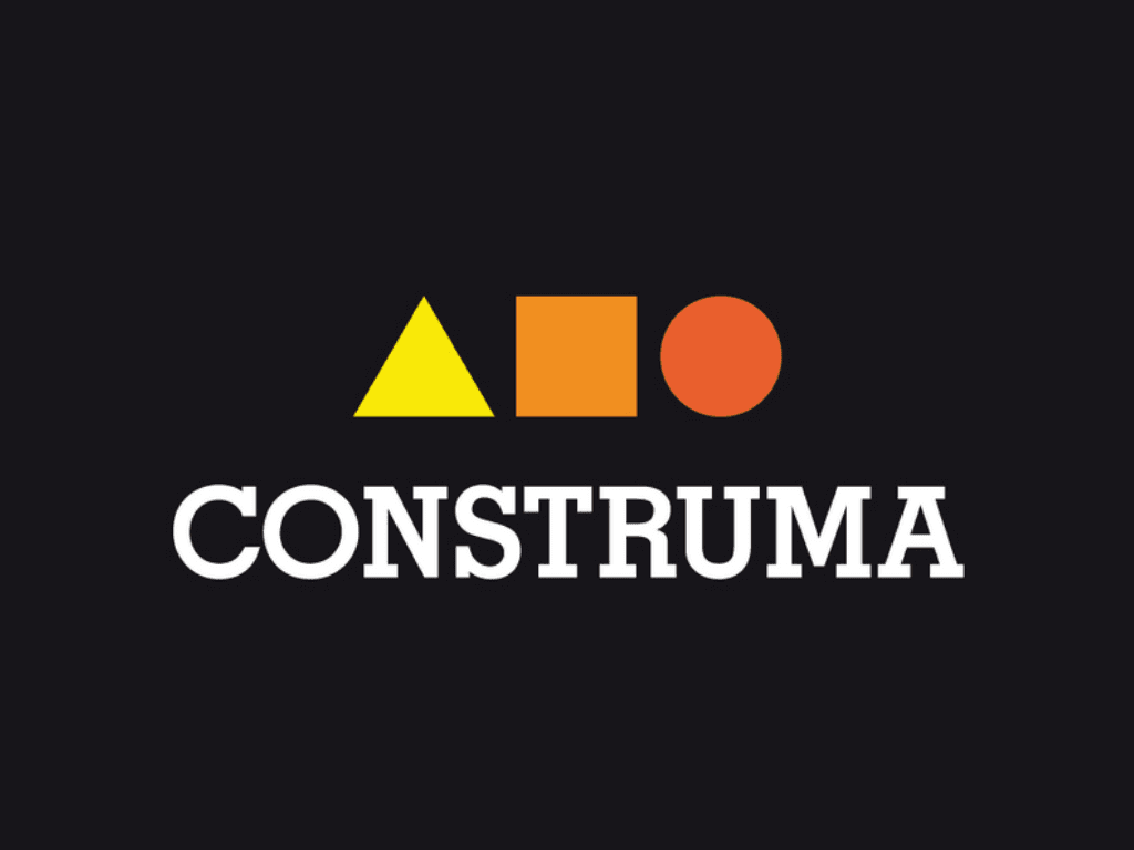 A logo featuring a yellow triangle, an orange square, and an orange circle above the text "CONSTRUMA" on a black background.