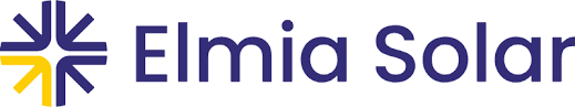 The image shows a logo for "Elmia Solar," with blue text and a yellow and blue abstract sun design on the left side.