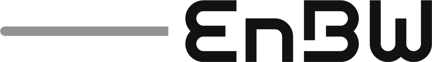 Logo of EnBW, featuring a horizontal grey line followed by stylized black letters "EnBW.