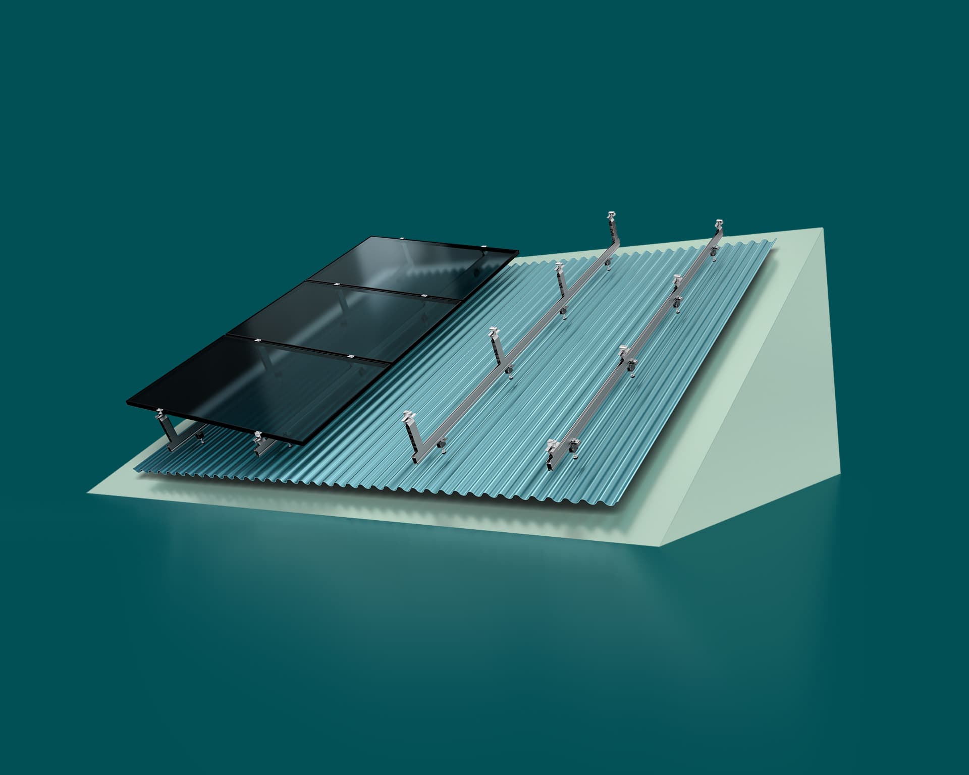 A three-dimensional illustration of a building rooftop with half of the roof fitted with solar panels and the other half showing the mounting framework for additional panels.