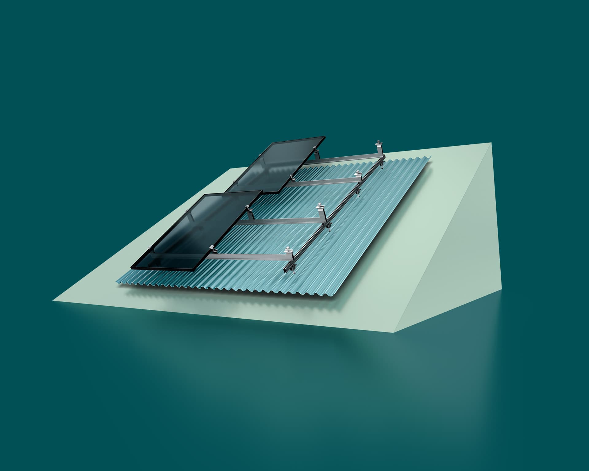 Illustration of solar panels mounted on a corrugated metal roof with a green background. The panels are aligned in rows and attached with brackets.