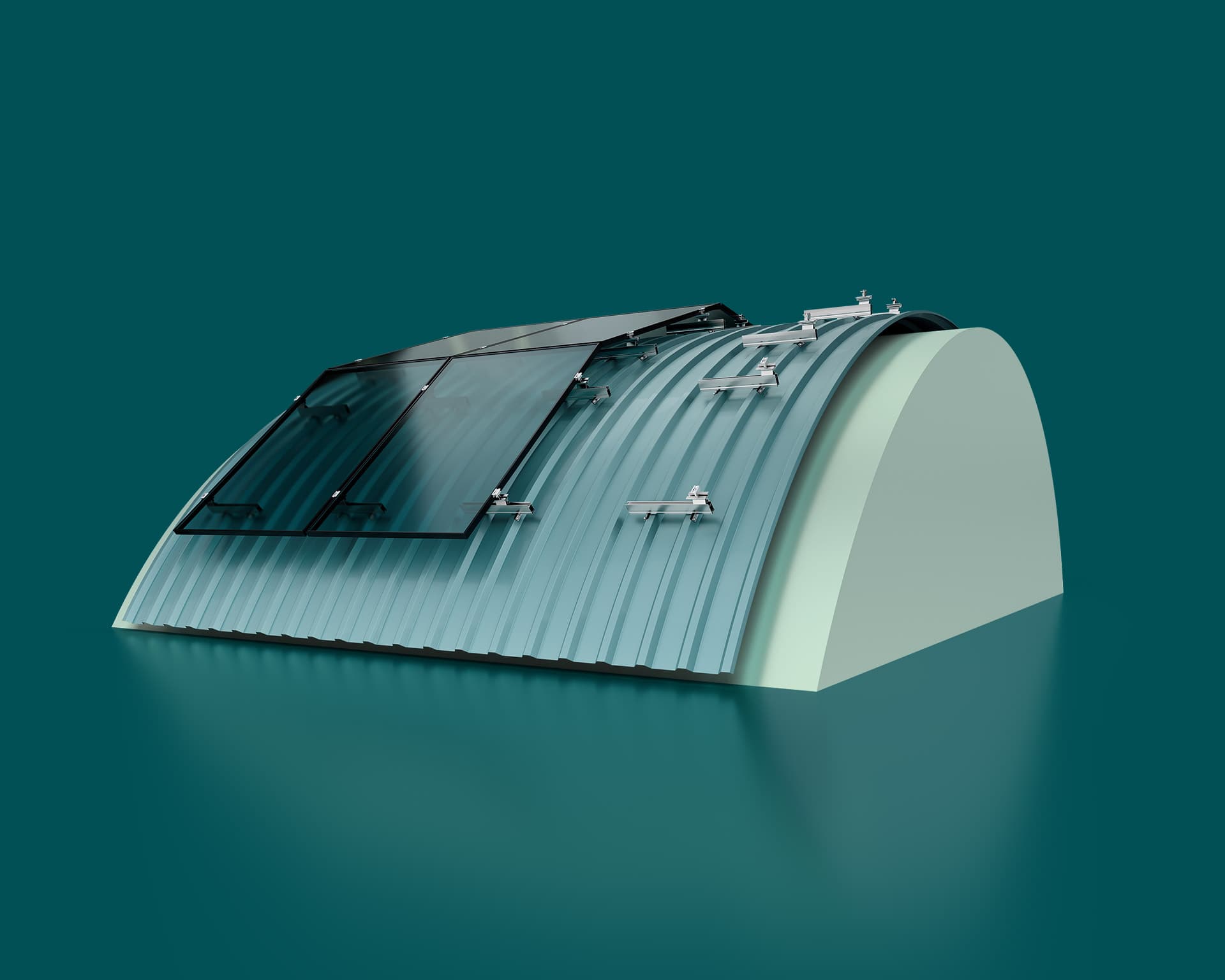 A modern, curved metal structure with glass panels attached on top. The background is solid green.