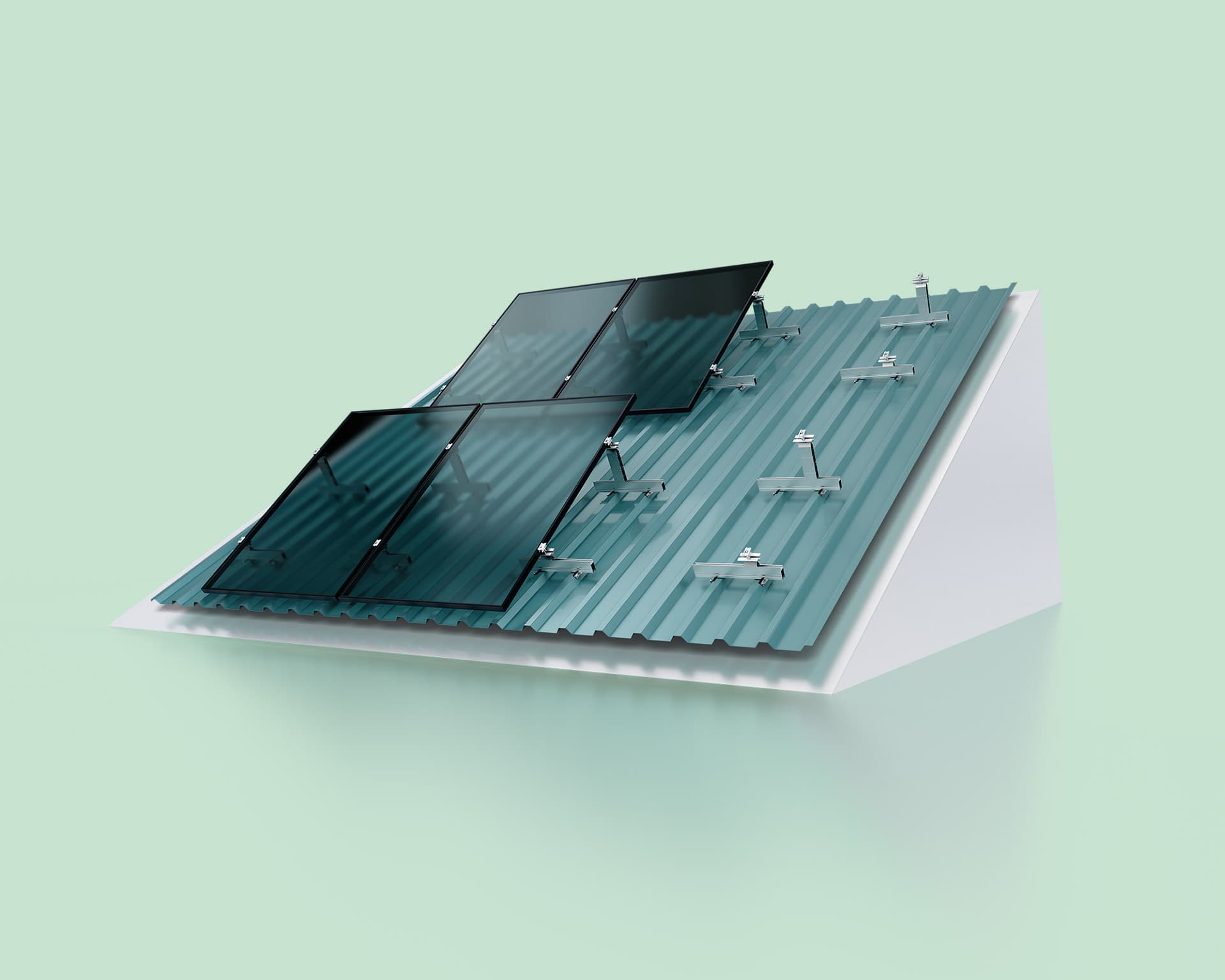 A model of a corrugated metal rooftop with mounted solar panels is shown against a light green background.