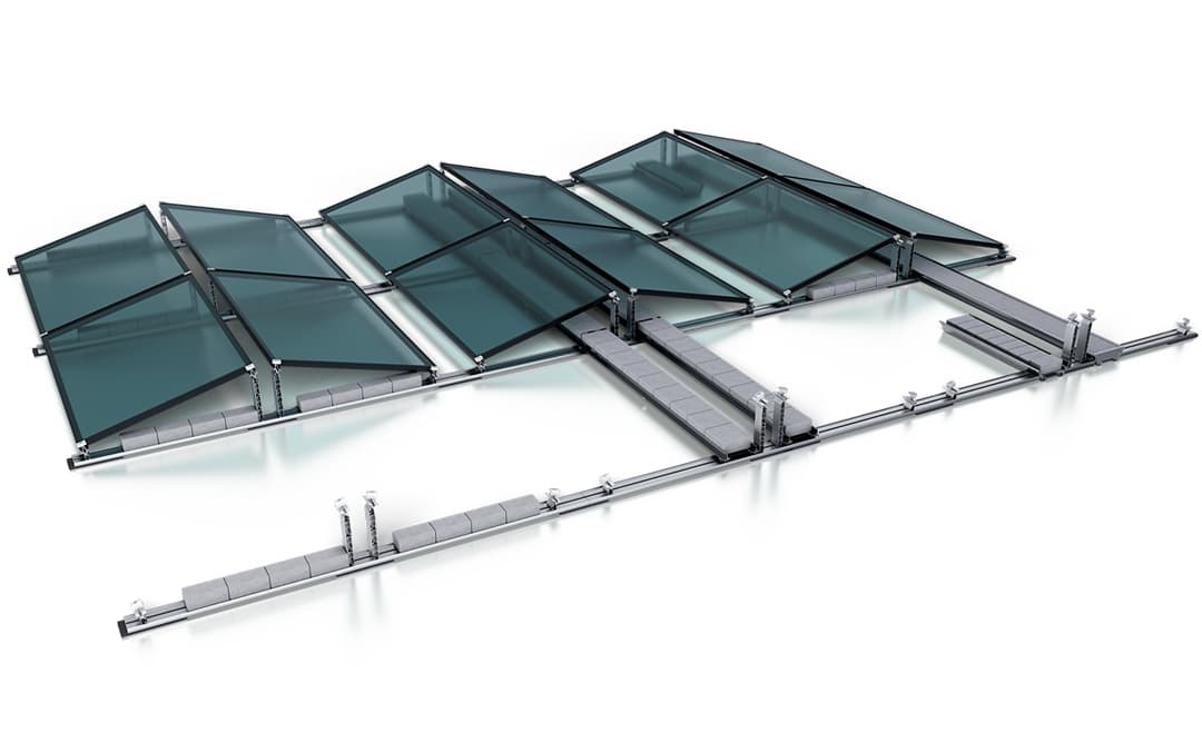 A rendering of a glass roof structure with multiple triangular and rectangular glass panels supported by a metal framework.
