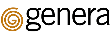 The image shows the word "genera" written in black lowercase letters, with a brown spiral design to the left of the text.