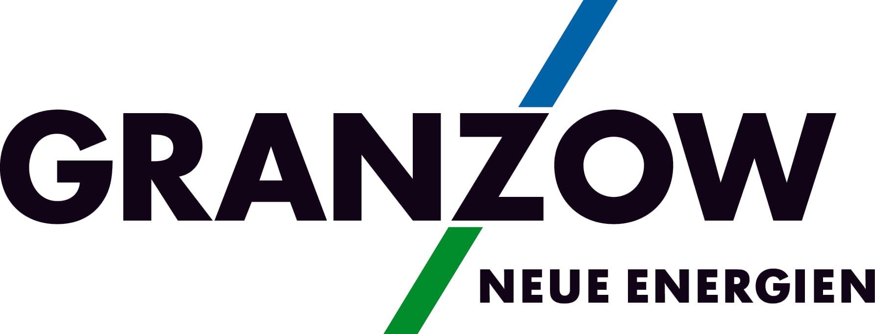 The image shows a logo for "GRANZOW NEUE ENERGIEN" with the text divided by green and blue diagonal lines.