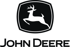Black silhouette of a deer jumping inside a shield-like shape with "John Deere" written in capital letters below it.