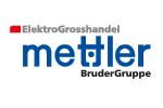 Logo of Elektro-Sanitär Mettler Brunner Gruppe featuring a red square, black text "Elektro/Sanitär", and blue text "mettler", with "Brunner Gruppe" in smaller black text below.