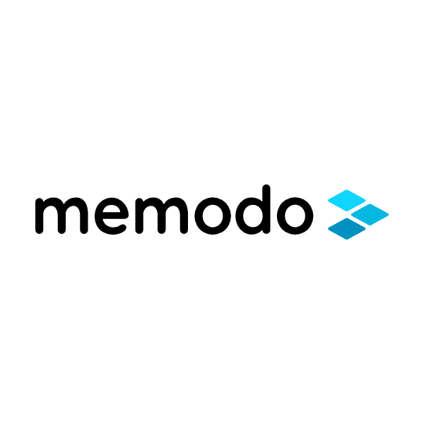 Logo of "memodo" with the text in black lowercase letters and three blue parallelograms forming an arrow pointing to the right.