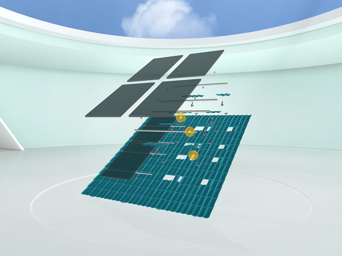 A 3D rendering of a solar panel in a white, modern room with parts and layers separated and floating, exposing internal components.