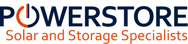 Logo reads "POWERSTORE Solar and Storage Specialists" with an orange power button icon incorporated into the letter "O" in "POWERSTORE.