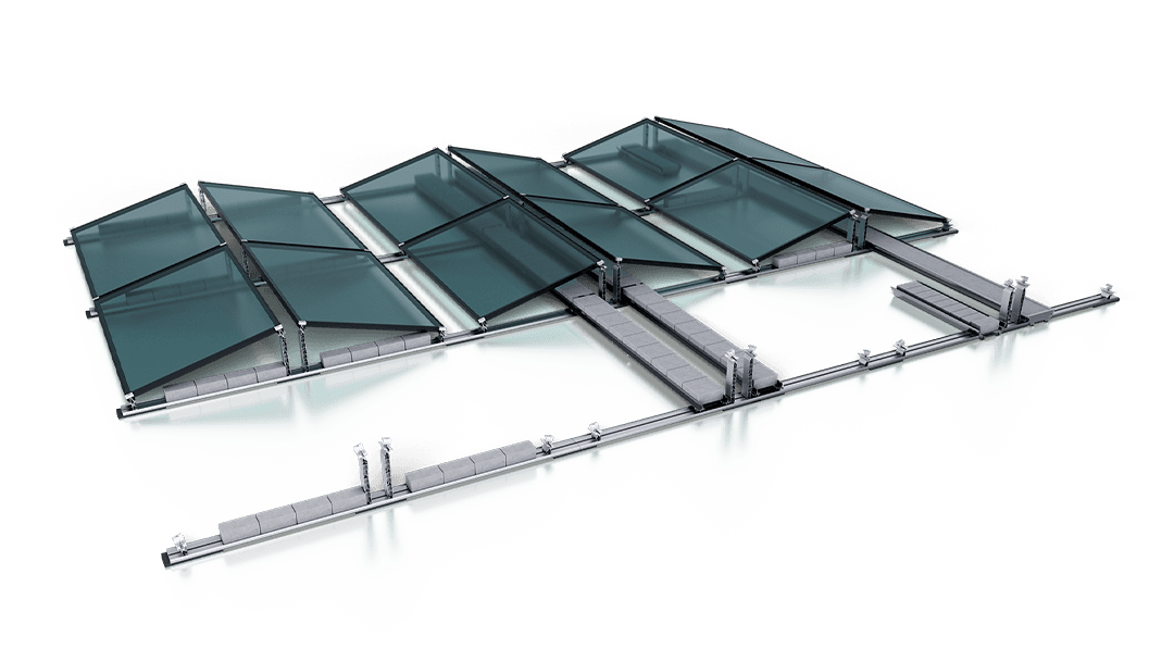 A 3D rendering of a modern architectural structure with a series of transparent, angled glass panels supported by a metal framework.