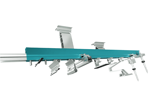 A cutaway view of a teal-colored metal framework with various mounting brackets, clamps, and screws attached, displayed against a white background.