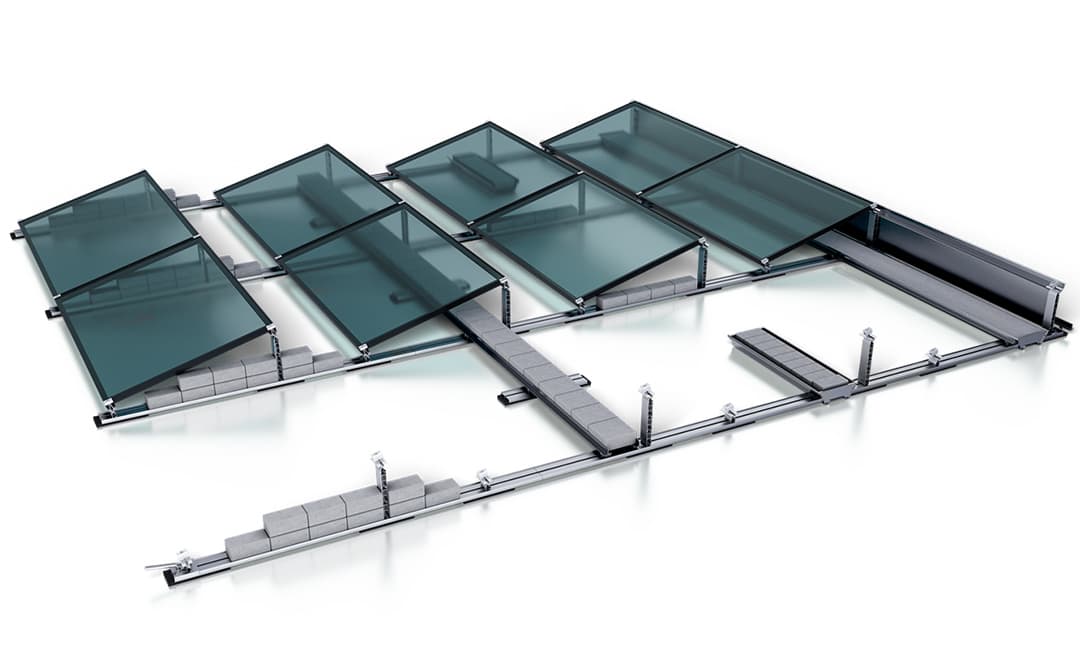 A digital rendering of a flat roof structure with multiple panels, possibly representing a solar panel or glass rooftop system, supported by a metallic frame with walkways and various supports.